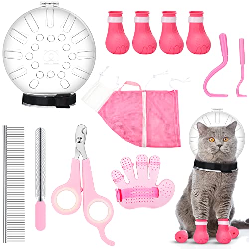 Therwen 8 Pcs Pet Grooming Set - Adjustable Cat Shower Net, Breathable Cat Muzzle, Boots, Paw Covers, Nail Clipper, Tick Tool, Massage Brush, Comb, Trimming Cleaning