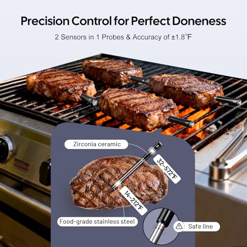 3-in-1 WiFi/Bluetooth/Thermomètre de mode local avec 4 Sondes de qualité alimentaire, Thermomètre à viande sans fil intelligent avec LCD Affichage, lecture rapide, support d'application, Thermomètre à viande numérique pour BBQ, Four, fumeur