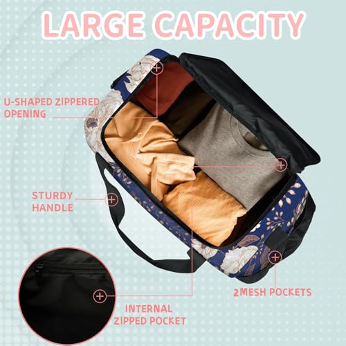Retro Peony Flower Travel Duffle Bag - Waterproof weekend luggage bag, men's sports and fitness bag, delivery hospital storage bag, overnight luggage bag with pull rod cover4