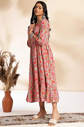 Image of Janasya Women's Cotton Floral Printed Flared Dress