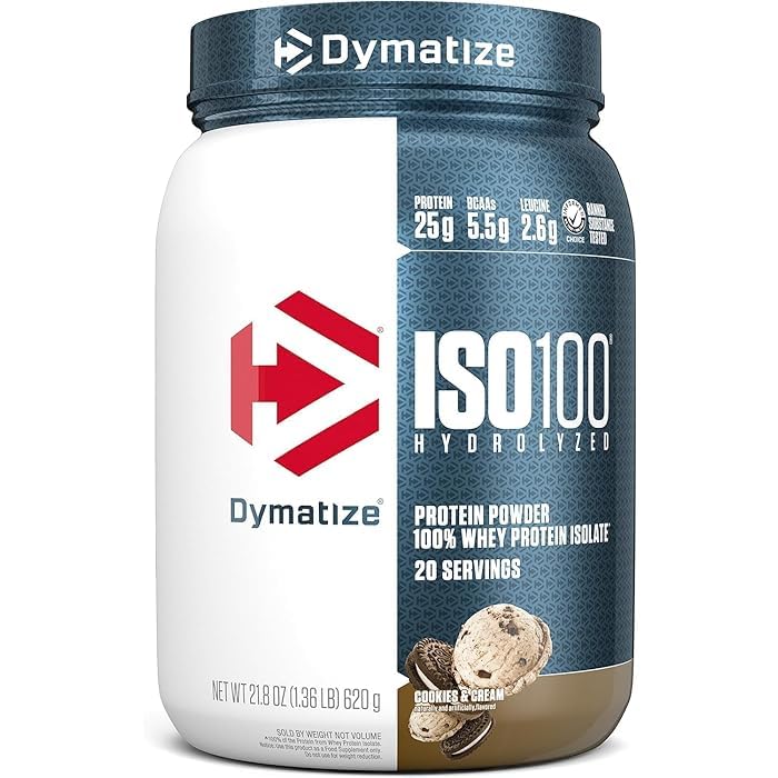 Image of Dymatize ISO100 Whey Protein Powder Isolate, Cookies & Cream, 25g of Protein, 20 Servings, 5.5g BCAAs, Less Than 120 Cal., Gluten Free, 1g Fat, 1g Sugar, 2g Carb