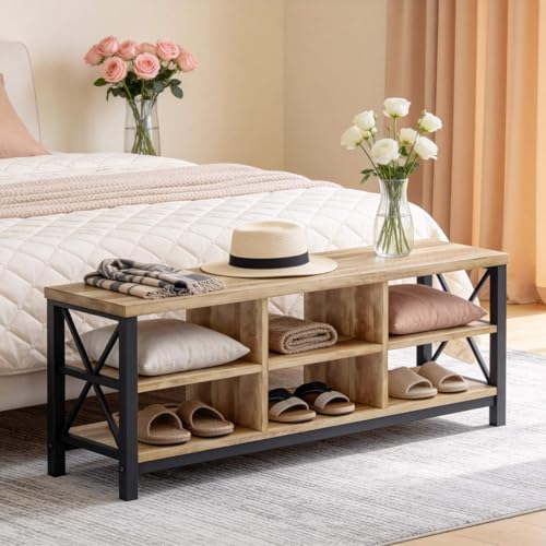 FATORRI Entryway Shoe Bench with Storage, Industrial Wood and Metal Entryway Bench with Adjustable Shelves, Rustic Shoe Storage for Hallway or Living Room (47.24 Inch Long, Rustic Oak) by FATORRI - Image 3