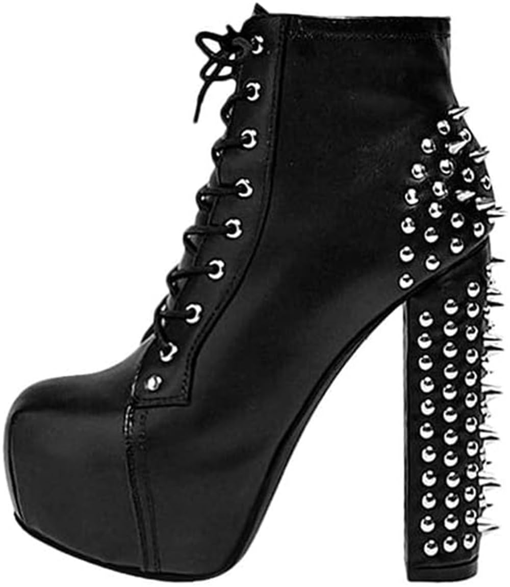 richealnini Front Tie Up Riding Biker Boots for Women with Zipper Studded Rivet Block Heels Platform Ankle Boots