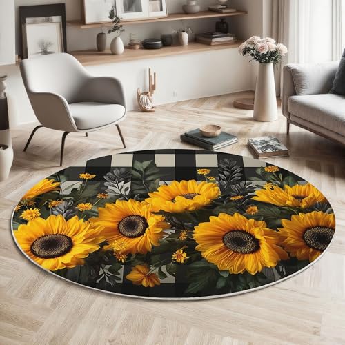 Tapis rond 120cm vintage floral noir et jaune antidérapant - 2