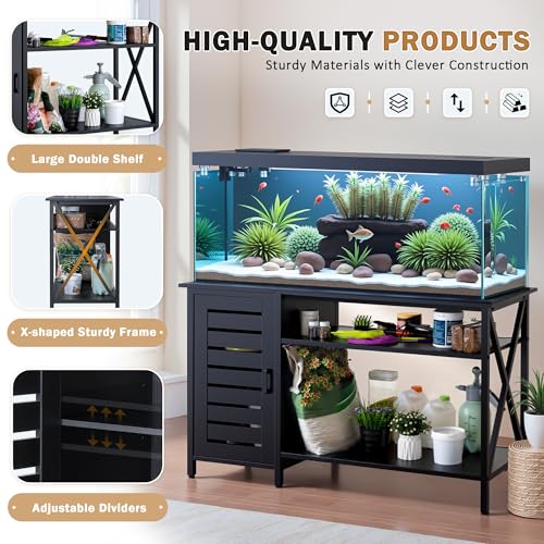 WARCAT 55-75 Gallon Aquarium Stand, Fish Tank Stand, Support up to 1200 lbs, 52" L x 19.68" W Tabletop, Built-In Power Outlet, Dual Storage Cabinets and Shelves (Black)
