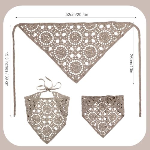 3Pcs Crochet Bandanas Headbands Hair Accessories, Triangle Crochet Head Scarf, Hollow Knitted Floral Headscarf Vintage Head Kerchief for Women Girls Decor (Black, Beige, Gray)2