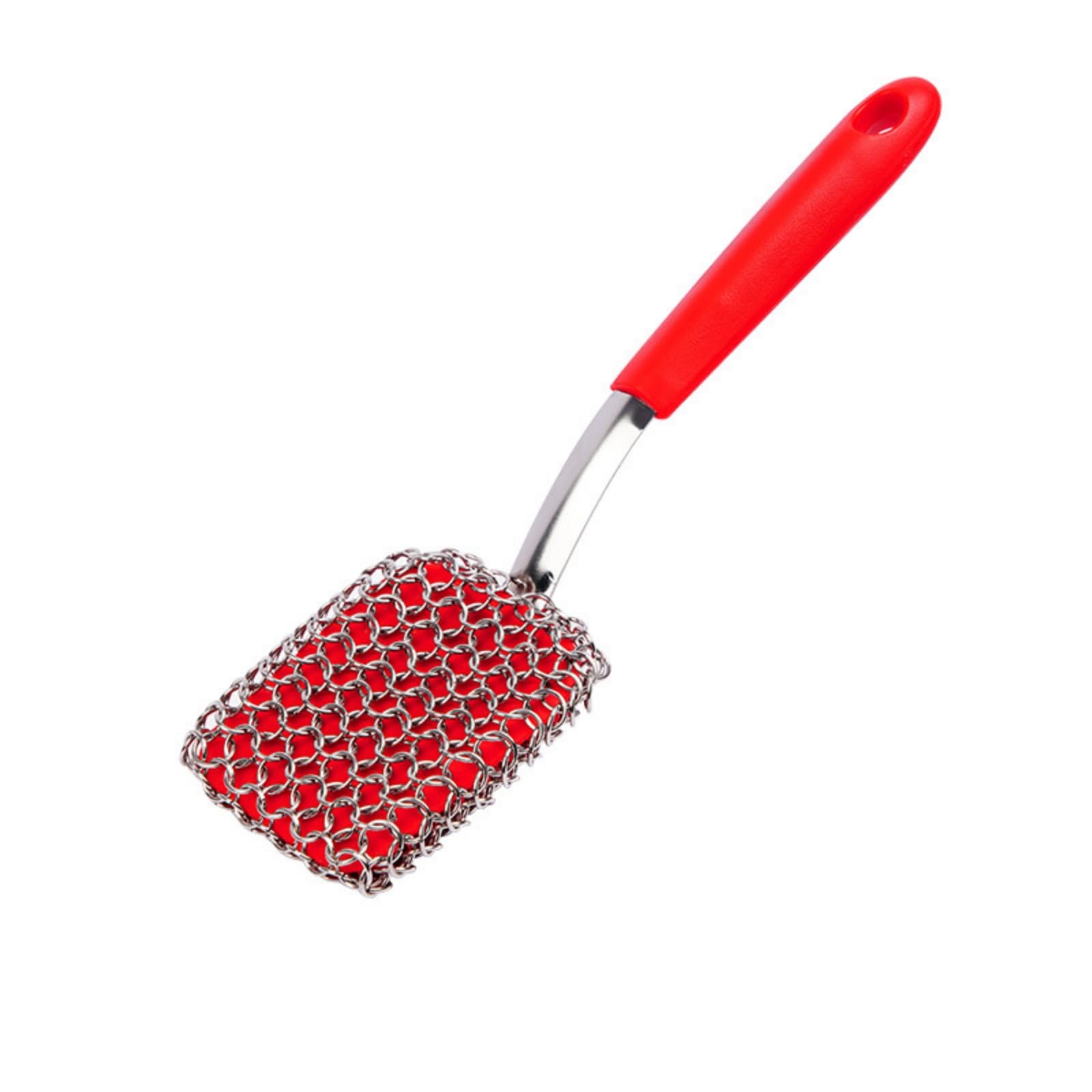 3-in-1 Chainmail Grill Scrubber, Chain Mail Grill Scrubber Cast Iron, Hairless Multifunctional Ring Mesh Brush, Stainless Steel Steam Cleaner BBQ for Skillet Griddle Metal Scrub Wok (Red-B)
