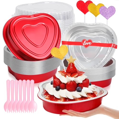 HEYYUMI 33oz Heart Shaped Cake Pans with Lids and Spoons 15pcs Aluminum Foil Disposable Heart Baking Cups Cupcake Liners Tins Containers for Parties Weddings
