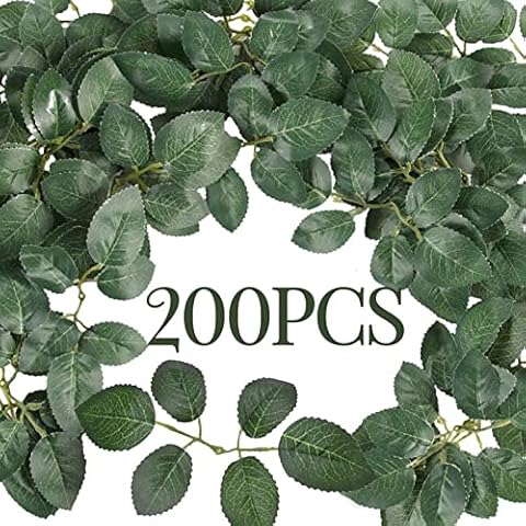 Meiliy 200pcs Bulk Rose Leaves Artificial Greenery Fake Rose Flower Leaves for DIY Wedding Bouquets Centerpieces Party Decorations Rose Vine Wreath Garlands Supplies Cover