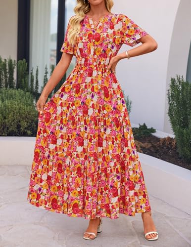 Image of ZESICA Women's 2026 Summer Spring Floral Boho Maxi Dresses Casual Short Sleeve V Neck A Line Flowy Beach Vacation Dress