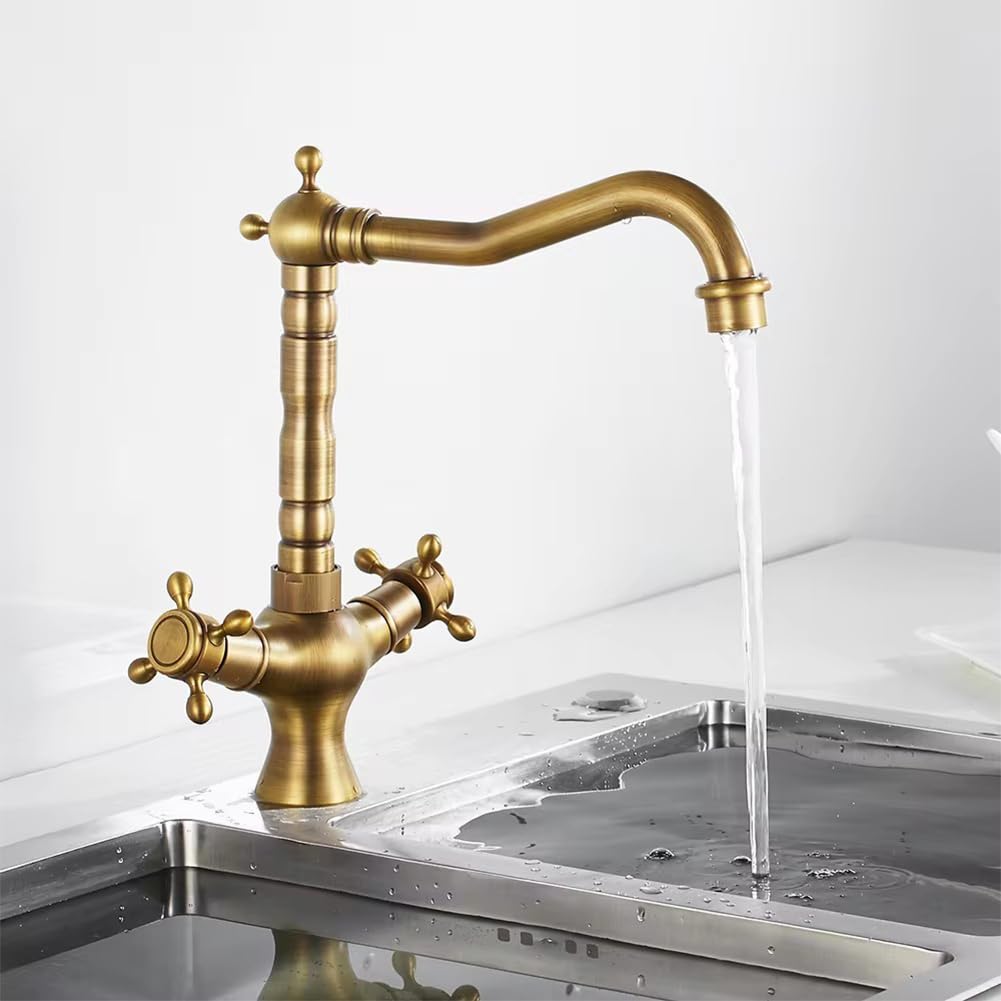 Grifo de cocina giratorio de 360°, latón antiguo, doble mango, ajuste de agua caliente y fría, grifo retro para fregadero para uso doméstico y recreativo