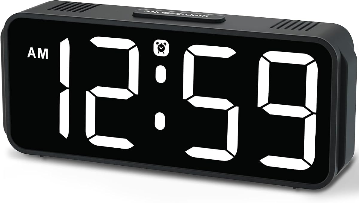 Peakeep Tiny Small Digital Alarm Clock Plug in for Bedrooms Bedside, Tiny Electric Clock Large Big Numbers Display Battery Backup for Desk Table, 6 Dimmers, 5 Adjustable Alarm Volume (White)