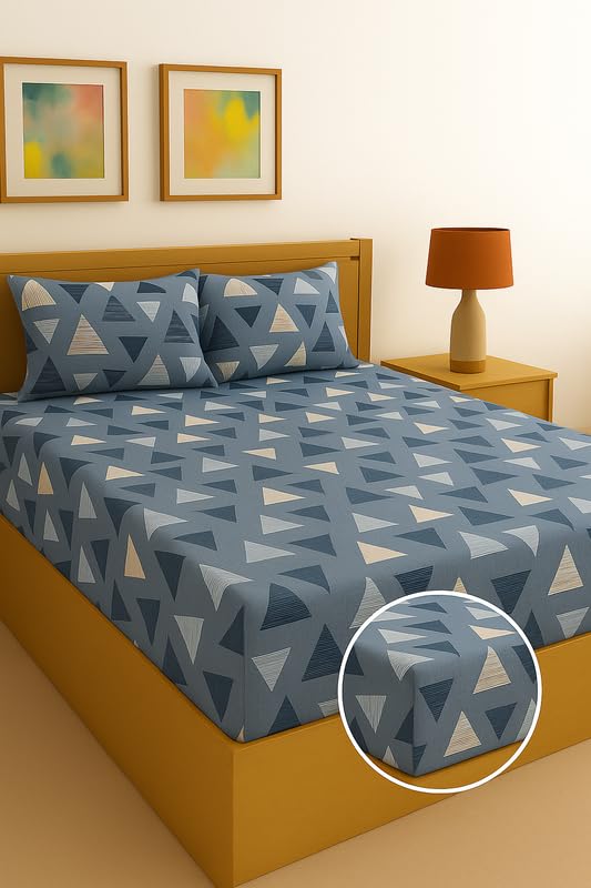 Image of Fitted sheet Blue Geometric Triangle Print Fitted Bedsheet | Glace Cotton 140 TC | King Size (72x78 inch) with 2 Pillow Covers (18x28 inch) | Deep Pocket up to 10 Inches - Soft & Comfortable