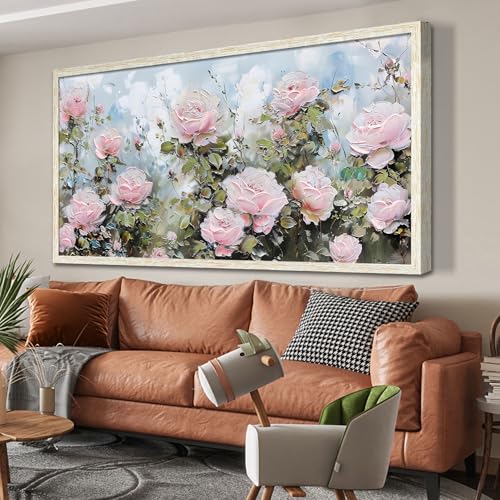 Ardemy Pink Rose Wall Art Canvas for Living Room, Extra Large Framed Flower Painting Modern Textured Floral Bedroom Picture Artwork Home Office Kitchen Decor 58"x29" 58"L x 29"W Pink flower