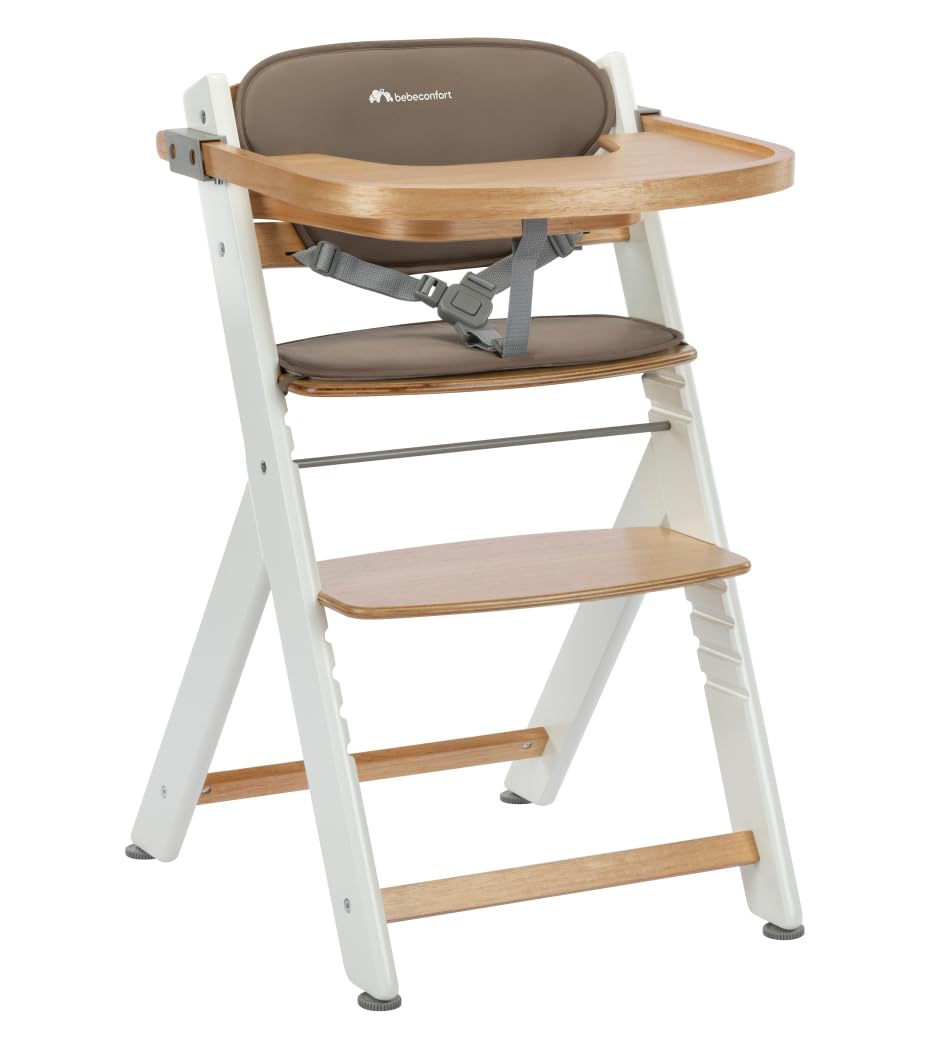 Bebeconfort Timba + Cojín, Trona de Bebé Evolutiva, 6 Meses-99 Años, hasta 110 kg, Bandeja Extraíble, Asiento/Reposapiés Regulables, Arnés Seguridad, Compatible con Timba Baby, Light Wood/Beige