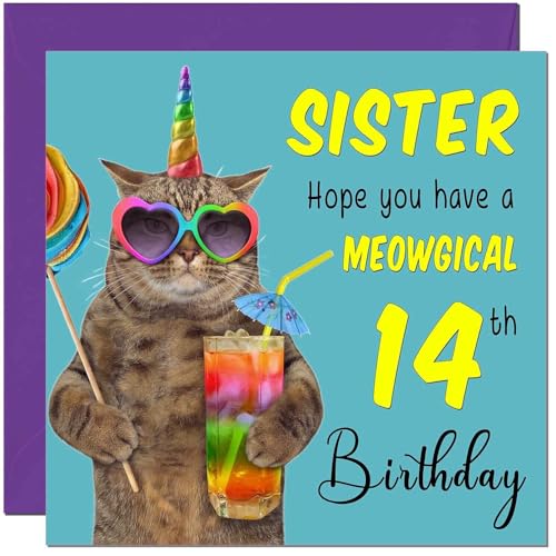 14th Sister Birthday Card - Meowgical Cat Funny Sister's Birthday Card for 14 Year old teenage Kids fourteen, fourteenth