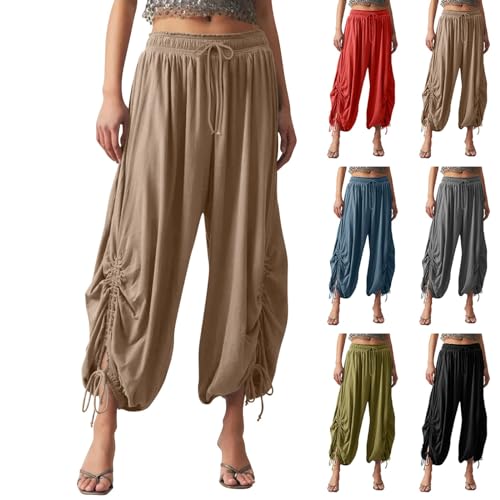 Palazzo Harem Pants Women with Pockets Boho Low Rise Pleated Wide Leg Cropped Pants Loose Side Slit Lounge Pants