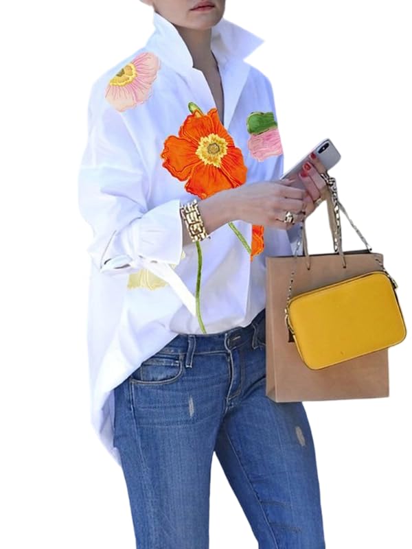 UOOZEE Women's Loose Fit Button Down Shirts Floral Long Tied Sleeve V Neck Dressy Casual High Low Blouses