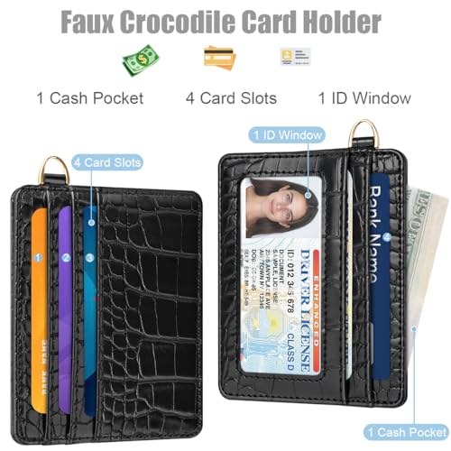 Image of Slim Credit Card Holder Crocodile Wallet Women Thin Wallets | Alligator Print RFID Blocking Minimalist Lightweight Pocket Small Cute Cards Holders ID Window, Black Croc