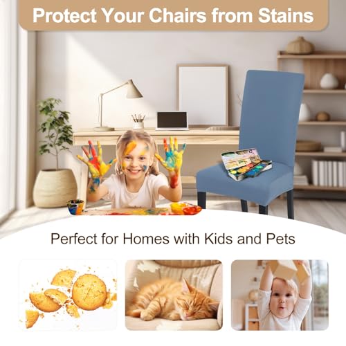 Image of SearchI Dining Room Chair Covers Set of 6, Stretch Solid Color Parsons Chair Slipcovers Spandex Removable Washable Kitchen Chair Protector Cover for Dining Room, Hotel, Ceremony (Gray Blue)