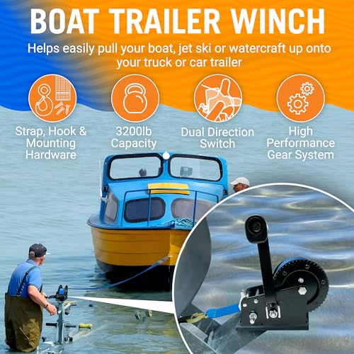 Image of Boat Trailer Winch with Strap and Hook, Manual Hand Crank Winch, Heavy Duty | 3200lbs Two Speed Ratchet Gear, for Pulling Boat Parts, Trailers, Car, or Truck Towing