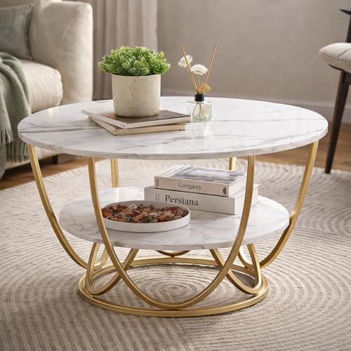 Image of Device Bas with BROWN ART SHOPPEE Faux Marble Top Round 2 Tier Metal Coffee Tables Simple Living Room Table Sets,Sofa Center Table End Tables with Metal Frame Home Decor for Living Room(Gold & White)