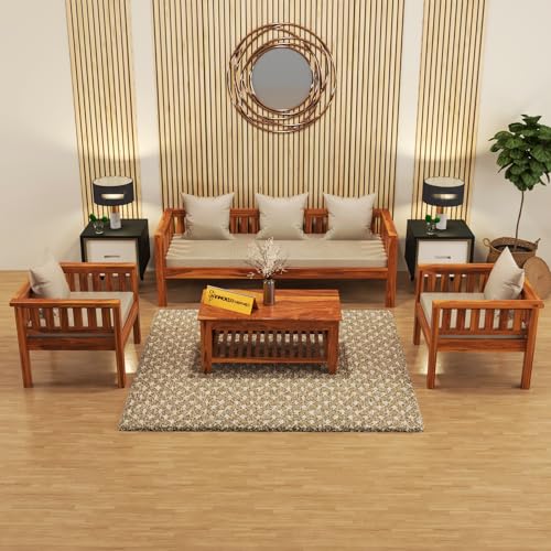 Image of Sheesham Wood 5 Seater Low Height Sofa Set with Coffee Table for Living Room | 5 Seater Sofa Set | Wooden Sofa Set | Beige Cushion (3+1+1, Honey Finish)