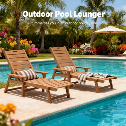 Image of Psilvam Chaise Lounges Set of 2, Lounge Chairs with Adjustable Backrest, Supports Up to 350 lbs, All Weather Recliner Poly Lumber Lounges Bed for Poolside, Porch, Patio(Light Brown)