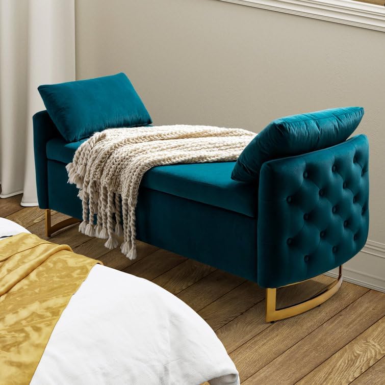 Modern Velvet Storage Ottoman- 59 Inch Large Flip Top Footstool for Bedroom, Living Room & Entryway with Golden Metal Sled Legs (Teal Green)
