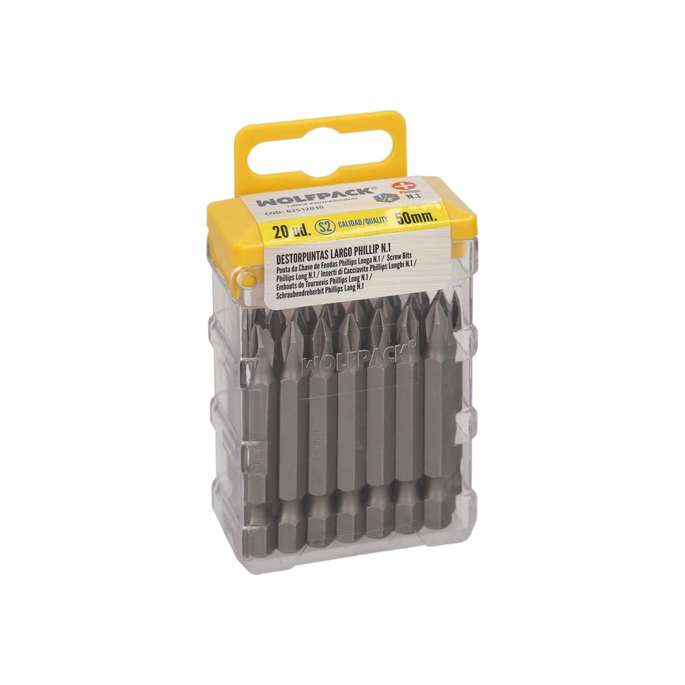 WOLFPACK LINEA PROFESIONAL Long Bits #1 Phillips Screwdriver (20 Pieces). S2 Chrome Vanadium Steel.