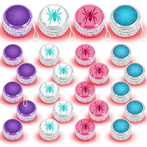 Liliful 24 Pcs Spider Party Favors Birthday Party Supplies LED Lighted Yo Yo Bulk Spider Theme Toy for Boys Girls Goodies Bag Filler Hero Gifts in Bulk(Rose Red, Purple, White, Blue)