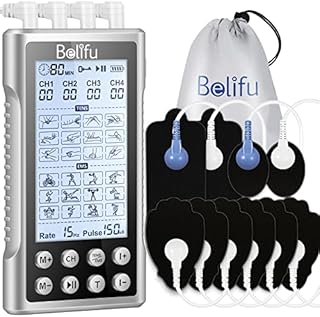Belifu 4 Independent Channel TENS EMS Unit, 24 Modes,30 Level Intensity Muscle Stimulator Machine, Rechargeable Electric Pulse Massager with 10 Pads&5 Set Leads Wires, for Pain Relief Therapy (Silver)