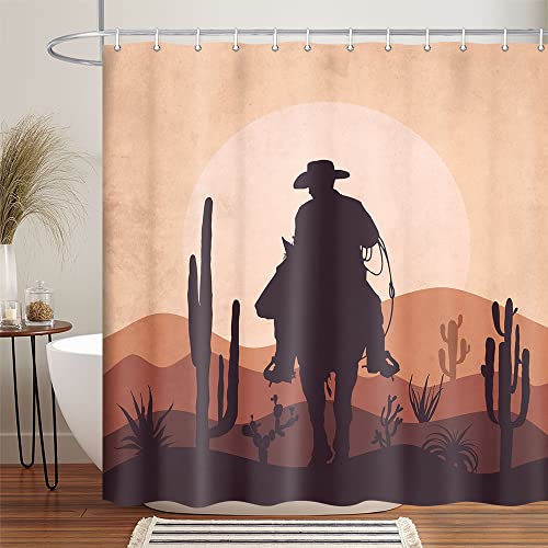 Uokiuki Western Cowboy Shower Curtain, Country Cowboy Riding Horse In Wild West Shower Curtain Bathroom Decor, Minimalist Mountain Cactus Moon Bohemian Aesthetic Bath Curtain With 12Pcs Hooks (70X70) #TOP19