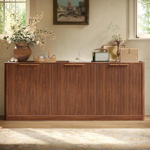 Image of Evermagin 67 inch Fluted Walnut Buffet Cabinet Sideboard with Storage, Large Credenza with 6 Doors, Wood Mid Century Modern Sideboard for Kitchen and Living Room (67 inch W*31.5 inch H*15.7 inch D)