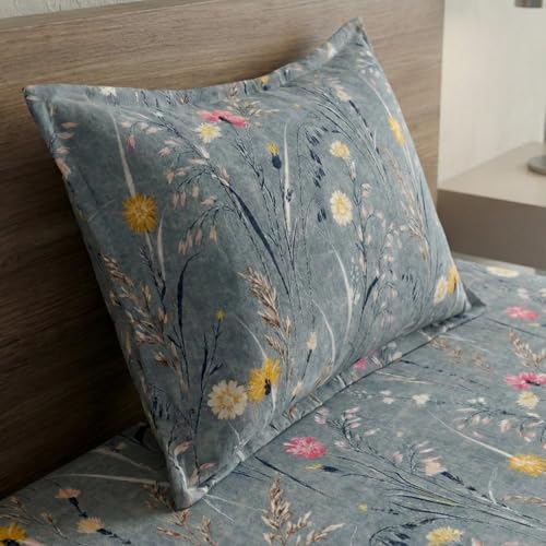 Image of Home Sizzler Floral Print Microfibre Single Bedsheet with 1 Pillow Cover - Grey & Pink