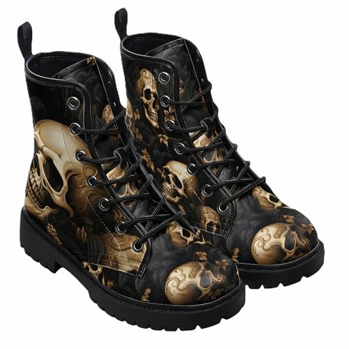 FQLGJMY Bottines Pour Femmes Gothique Motif Tête de Mort Fleurs Roses et Flammes Lacets Cuir Céger Plateforme Bout Rond, parfaites Jeans Robes Mode...