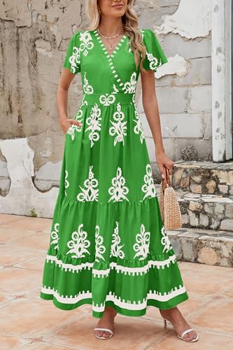 Image of PRETTYGARDEN Womens 2026 Summer Casual V Neck Boho Maxi Dress Flowy Aline Bell Sleeve Tiered Floral Dresses with Pocket
