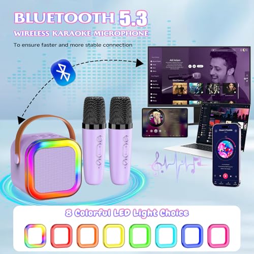 Image of Mini Karaoke Machine with 2 Mics, Wireless Microphones for Kids Adults Toddler with LED Party Lights, Kids Microphone Christmas Birthday Gift for Girls Toys 4, 5, 6, 7, 8, 10 12+ Years Old 【Purple】