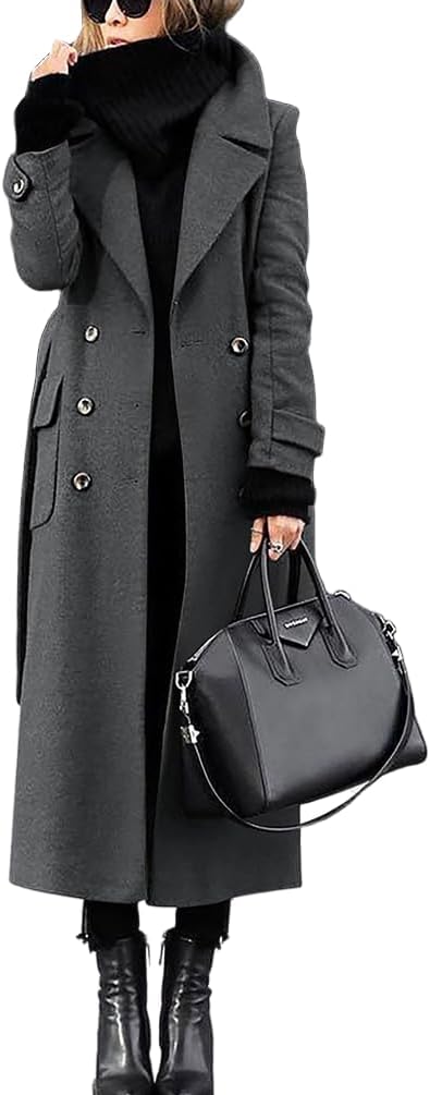 Long Wool Coats for Women Fall Winter Double Breasted Trench Coat Business Casual Blazer Jacket Overcoat Cardigan