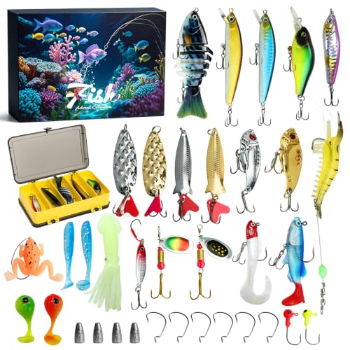 Calendario de Adviento de pesca, cuenta regresiva de Navidad de 24 días con señuelos y aparejos, regalo ideal para papá pescadores