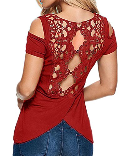 Bigood Femme T-Shirt Dentelle Dos Creux Blouse Rond Col Chemise Uni Rouge 3XL