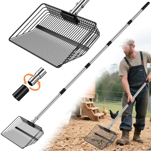 30cm groß Hühnerkotschaufel, hühner zubehör Siebschaufel Metall, 4-In-1 verstellbare hühnerstall zubehör 91-190cm chicken poop scooper zum...