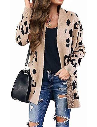 MEROKEETY Women s Open Front Leopard Knit Cardigan Sweaters Pockets Long Sleeve Outwear, A-Beige, M