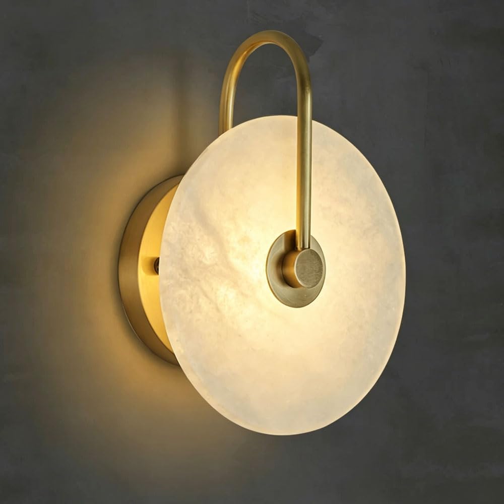 JISHUBO 7.8 Inch Round Alabaster Wall Light, LED Light Source Hardwired Wall Lamp, Hardwired Indoor Wall Sconce, Living Room Bedroom Balcony Wall Mounted Lighting Fixtures
