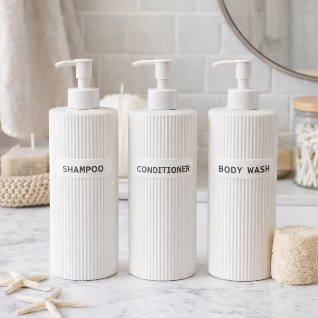 New Stunning Tall Bathroom Soap Dispensers 3 Pack with Shampoo Conditioner and Body Wash Labels – Stylish Refillable Pump Bottles for Neat and Uniform Bathroom Storage -A04 (Cream)