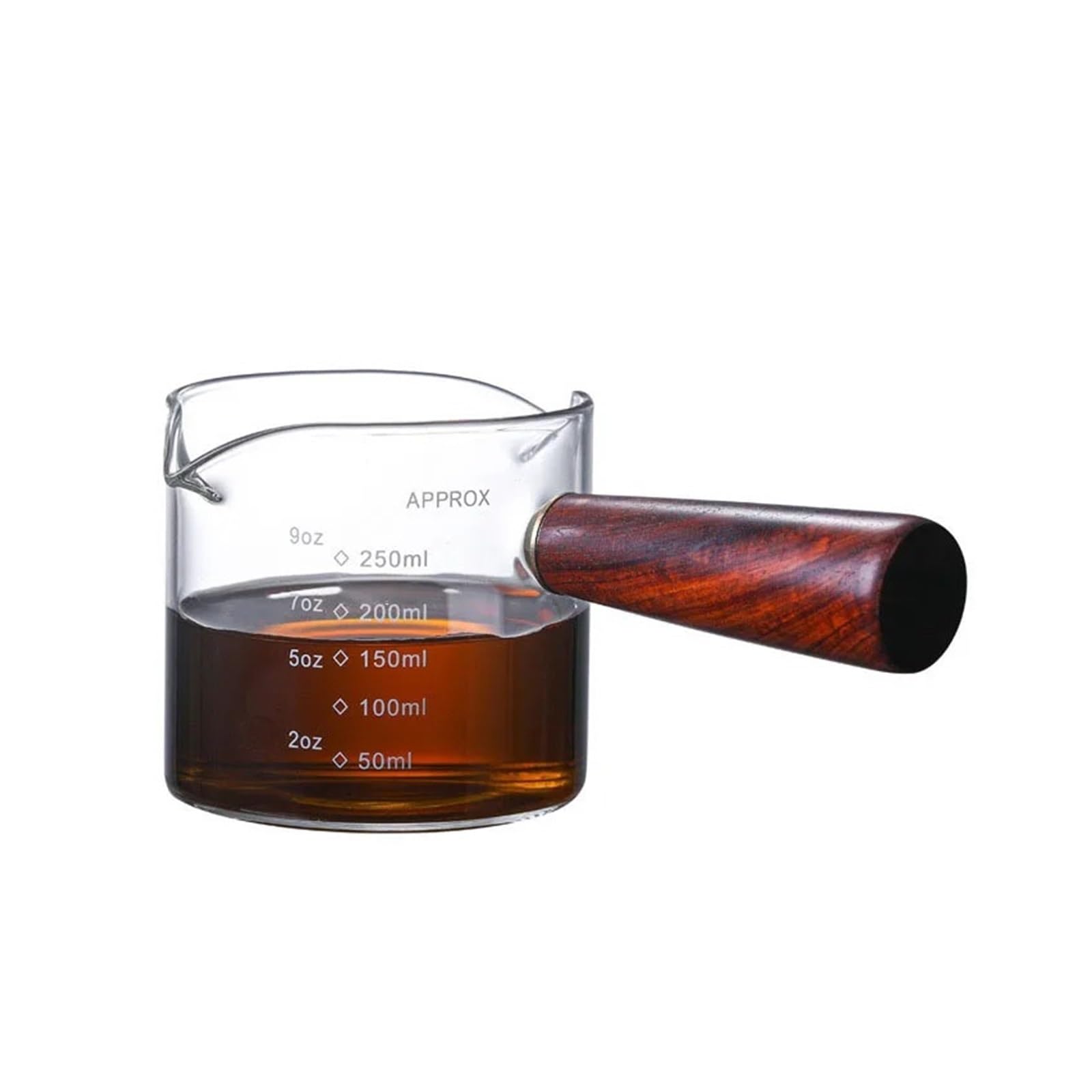 Taza medidora de vidrio con asa, taza cocina for leche escala, contenedor preciso for cocinar y hornear, 75/150/250ml(250ml wood handle)