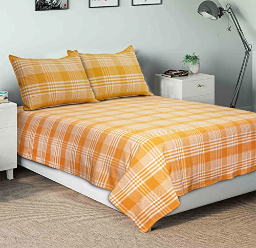 Image of AIRWILL, 200GSM Handloom Cotton Double Bedsheet with 2 Pillow Covers (Track Dobby Yellow)