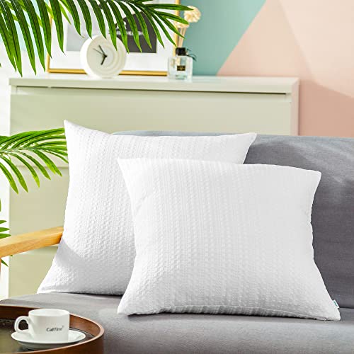 CaliTime Throw Pillow Cases Pack of 2 Waffle Weave Textured Soft Cushion Covers for Couch Sofa Home Farmhouse Decoration 18 X 18 Inches White