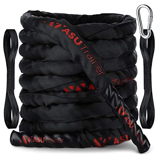 ASU Trainer Poly Dacron Weighted Battle Rope – Indoor/Outdoor Heavy Rope with Sleeve, Heat-Shrink Handles, & Anchor Kit – Boxing/Fitness/Exercise Equipment for Home Gym, 1.5 in. Dia, 30 Ft.