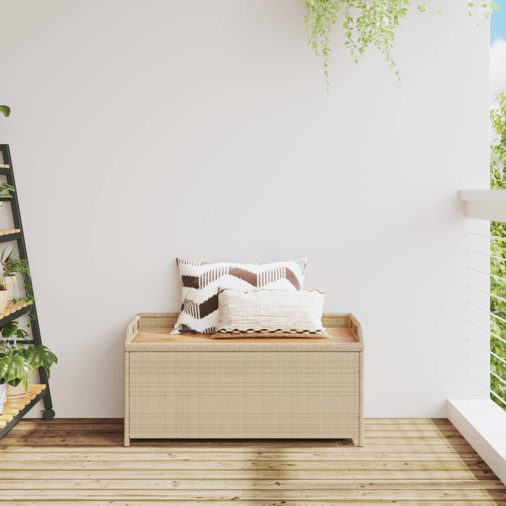 Panca Portaoggetti Beige Misto 100x50x52 cm Polyrattan e Acacia,Panca Portaoggetti Giardino,Panchina da Esterno,Panca Contenitore da Esterno-365951